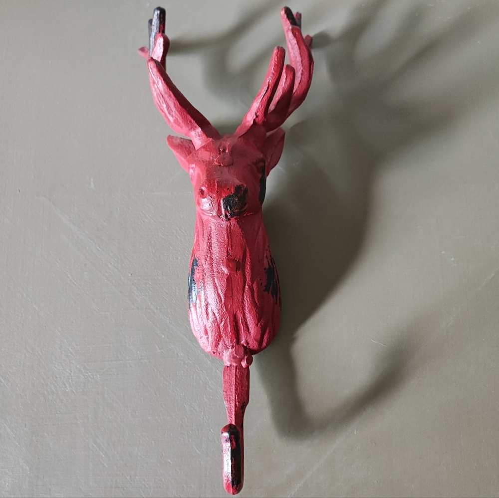 Red Distressed Cast Iron Deer Antlers Coat Rack Hook Cabin Decor Stag Buck Cabin